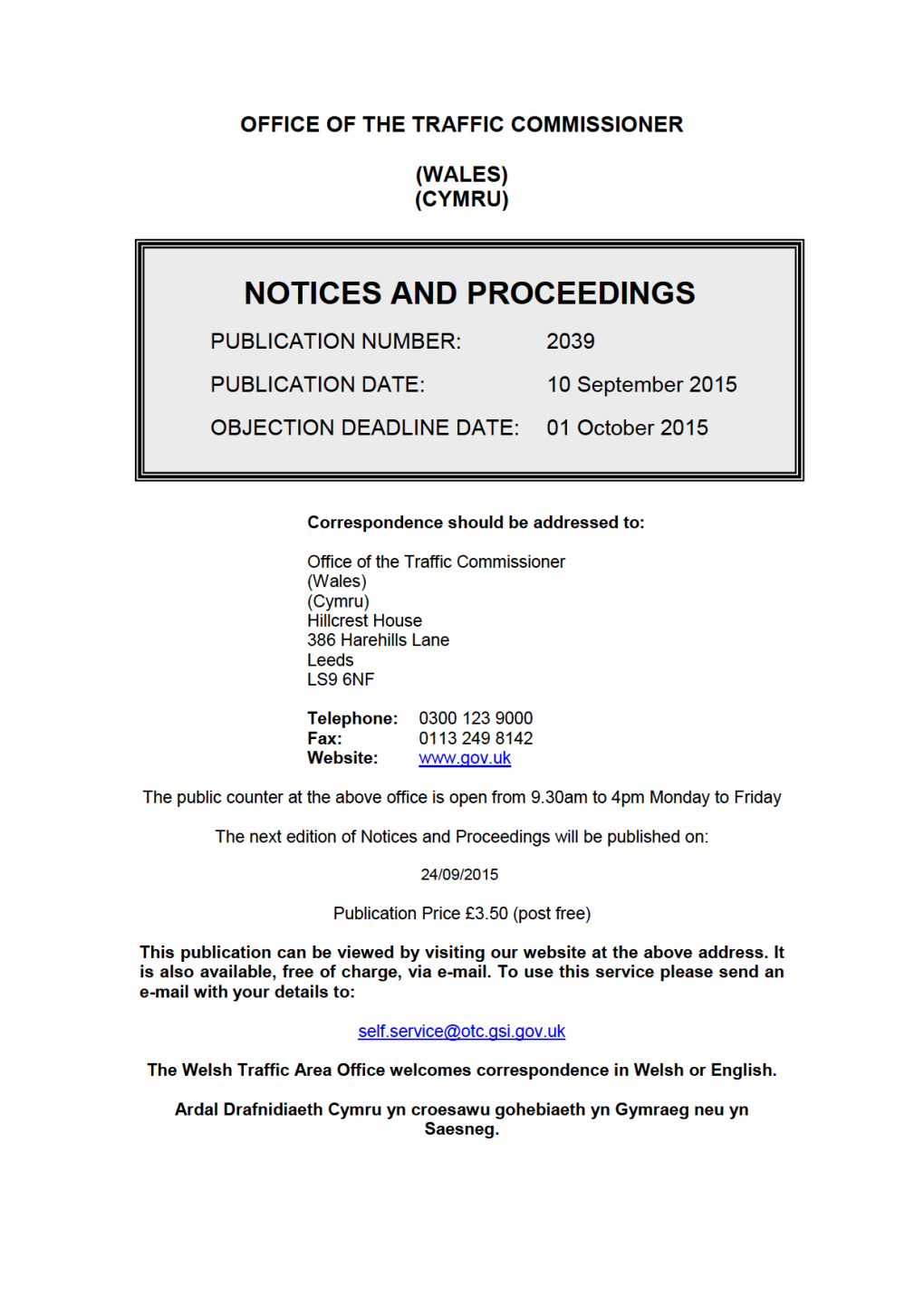 NOTICES and PROCEEDINGS 10 September 2015