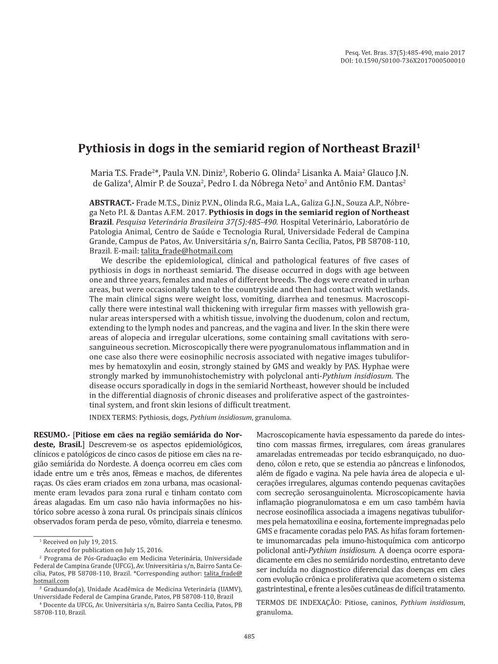 Pythiosis in Dogs in the Semiarid Region of Northeast Brazil1