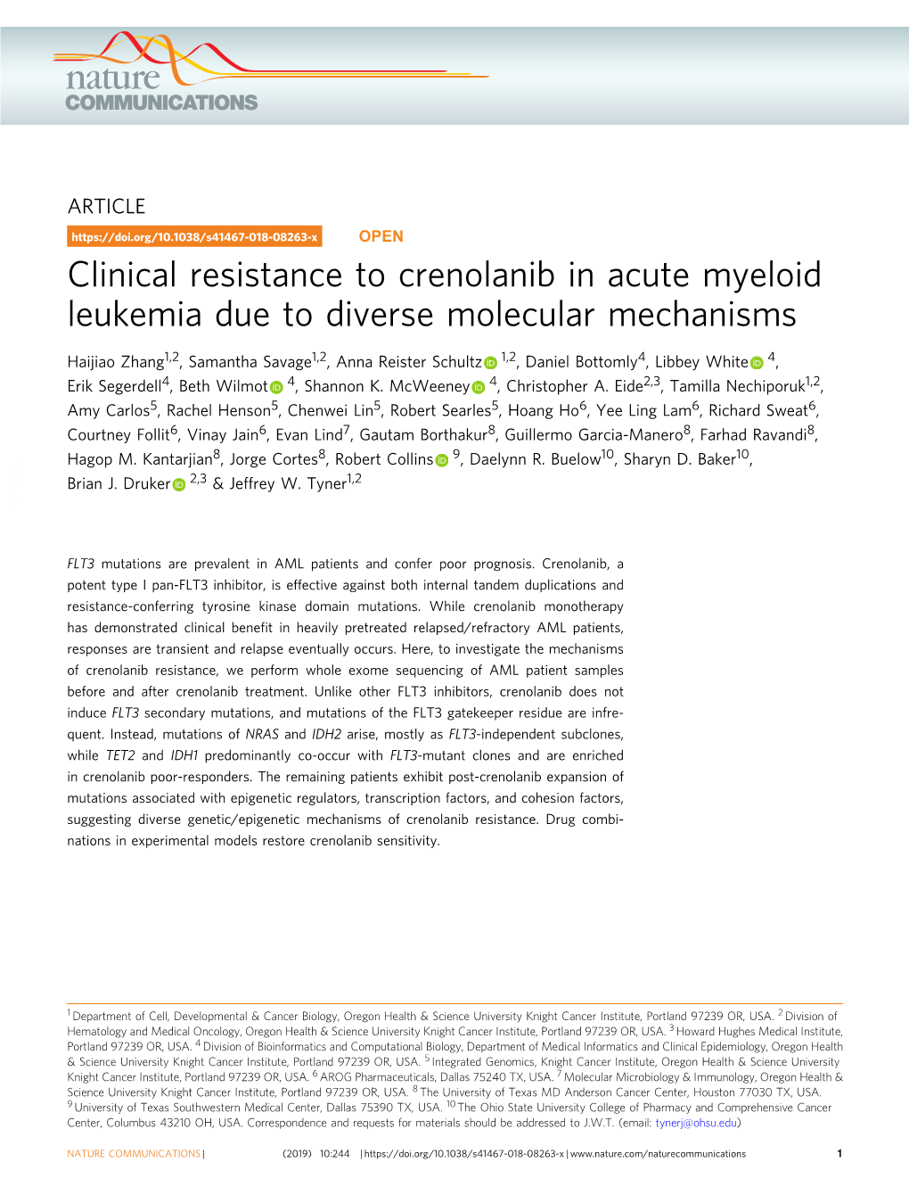 Clinical Resistance to Crenolanib in Acute Myeloid Leukemia Due to Diverse Molecular Mechanisms