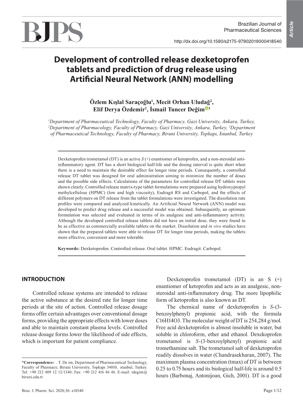 Development of Controlled Release Dexketoprofen Tablets and Prediction of Drug Release Using Artificial Neural Network (ANN) Modelling