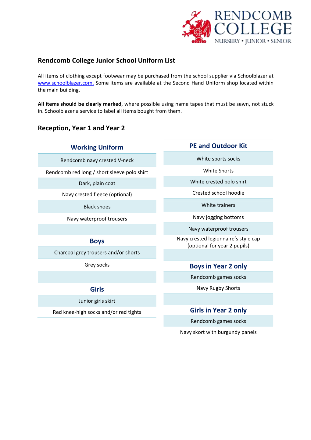 Rendcomb College Junior School Uniform List Reception, Year 1 and Year 2 Working Uniform Boys Girls PE and Outdoor Kit Boys in Y