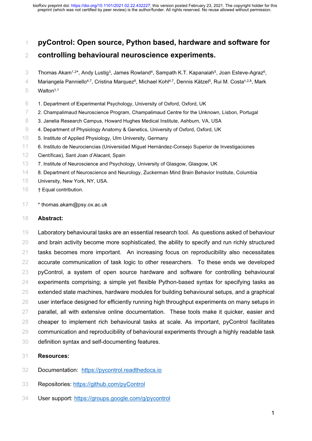 Pycontrol: Open Source, Python Based, Hardware and Software for Controlling Behavioural Neuroscience Experiments