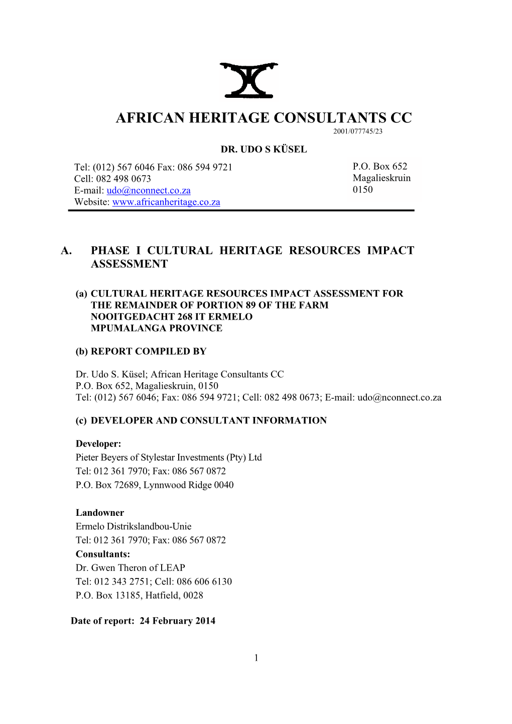 African Heritage Consultants Cc 2001/077745/23 Dr