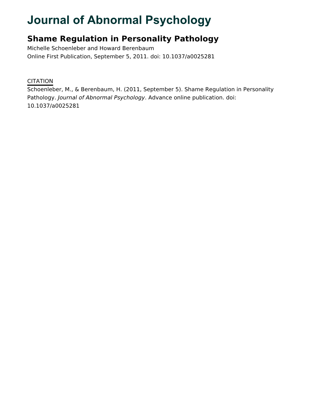 Journal of Abnormal Psychology Shame Regulation in Personality