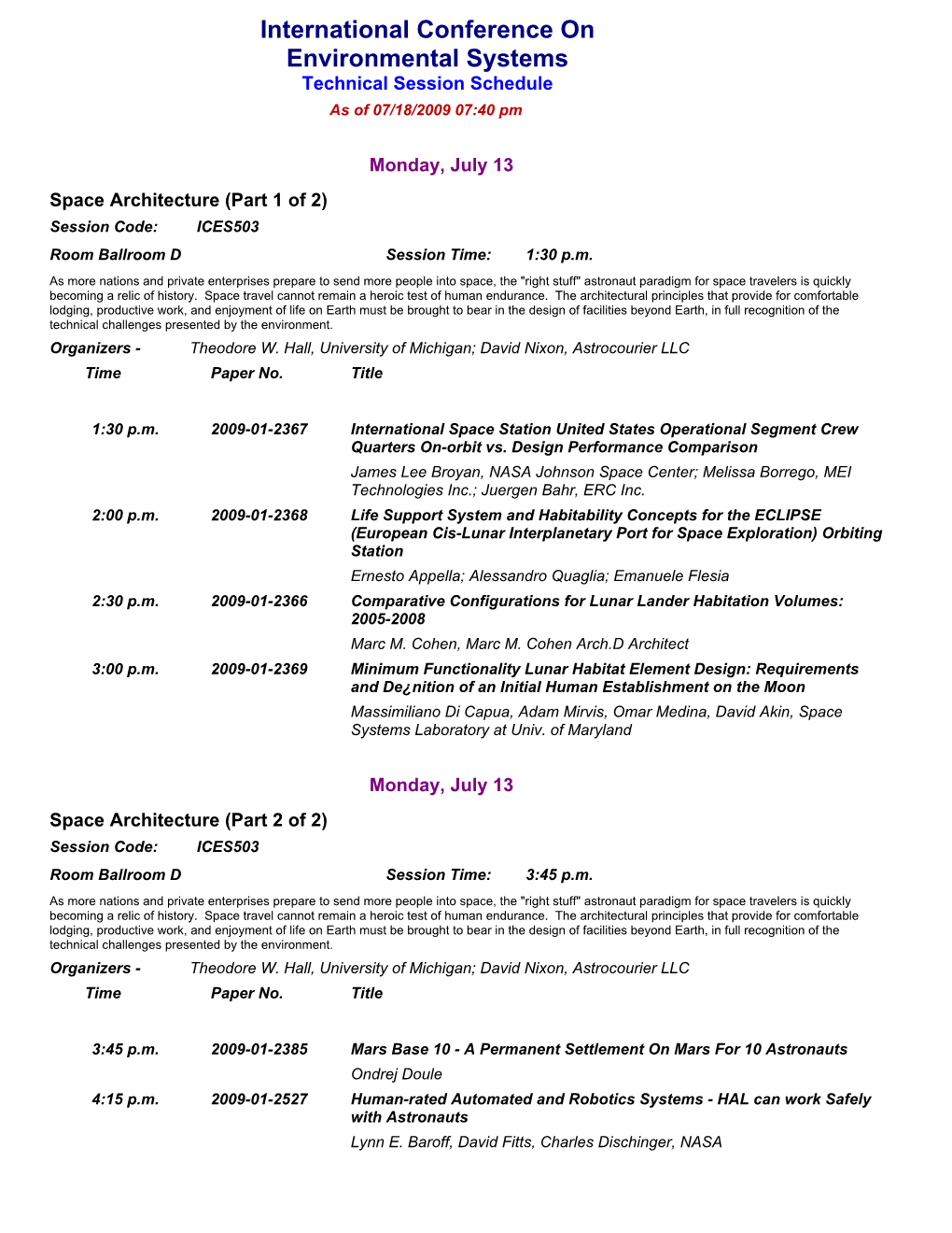 International Conference on Environmental Systems Technical Session Schedule As of 07/18/2009 07:40 Pm