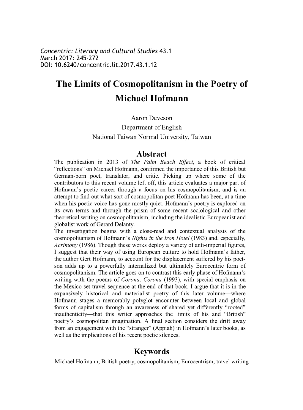 The Limits of Cosmopolitanism in the Poetry of Michael Hofmann