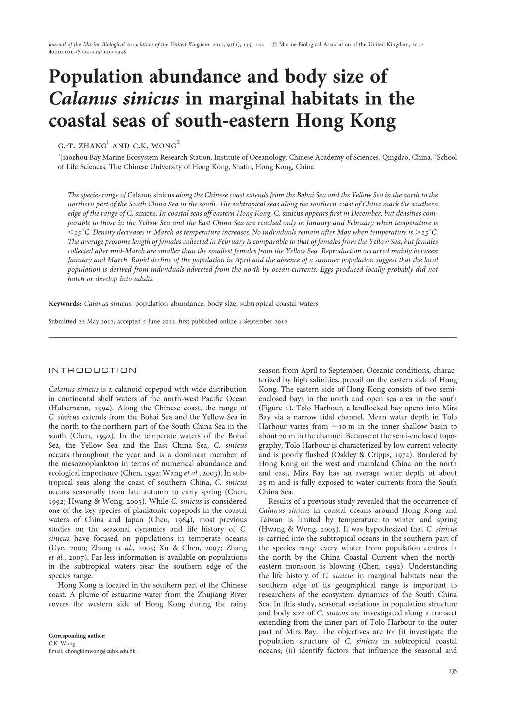 Population Abundance and Body Size of Calanus Sinicus in Marginal Habitats in the Coastal Seas of South-Eastern Hong Kong G.-T