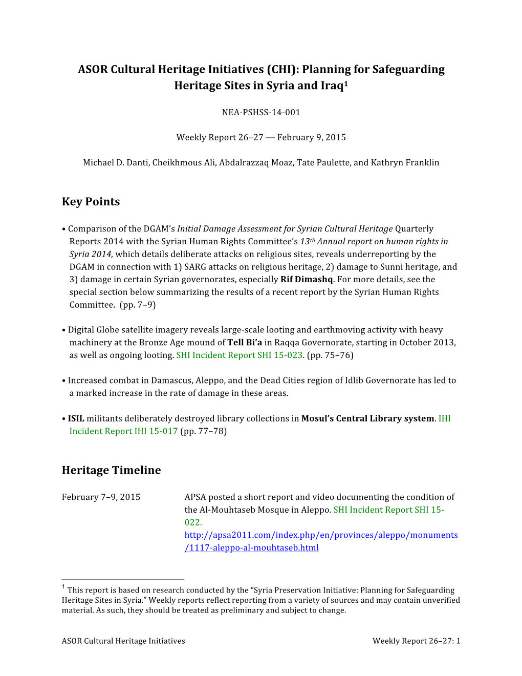 ASOR Cultural Heritage Initiatives (CHI): Planning for Safeguarding Heritage Sites in Syria and Iraq1