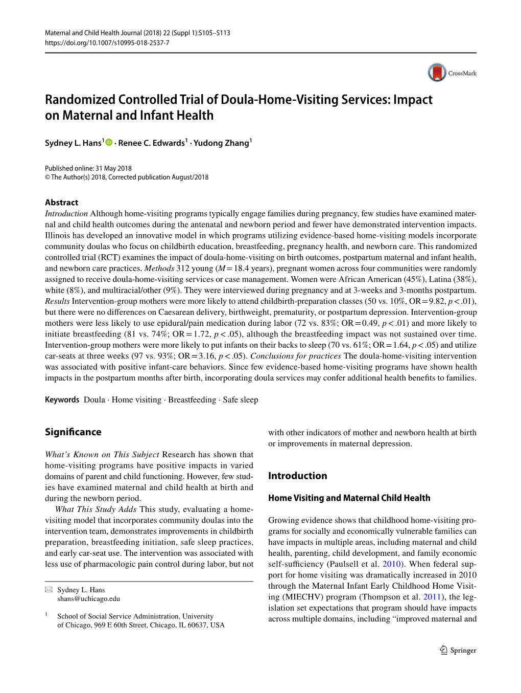 Randomized Controlled Trial of Doula-Home-Visiting Services: Impact on Maternal and Infant Health