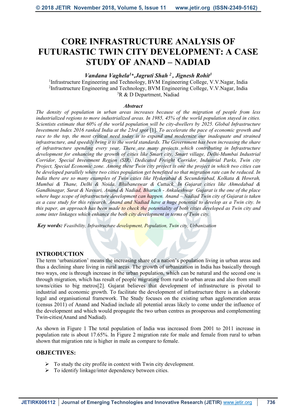 Core Infrastructure Analysis of Futurastic Twin City Development: a Case Study of Anand – Nadiad