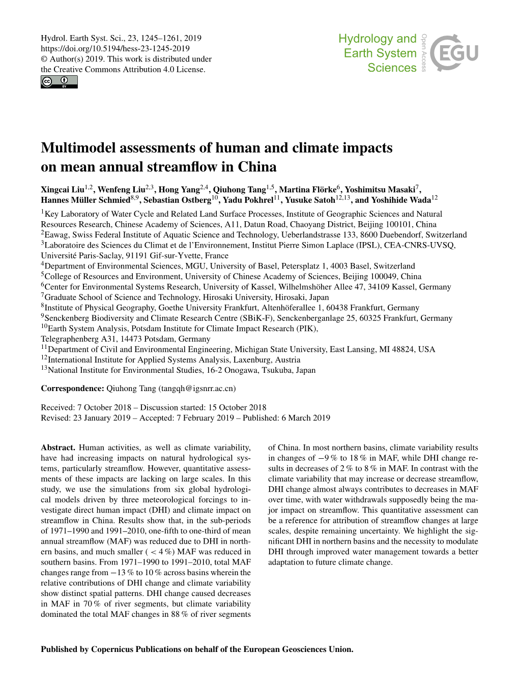 Multimodel Assessments of Human and Climate Impacts on Mean Annual Streamﬂow in China