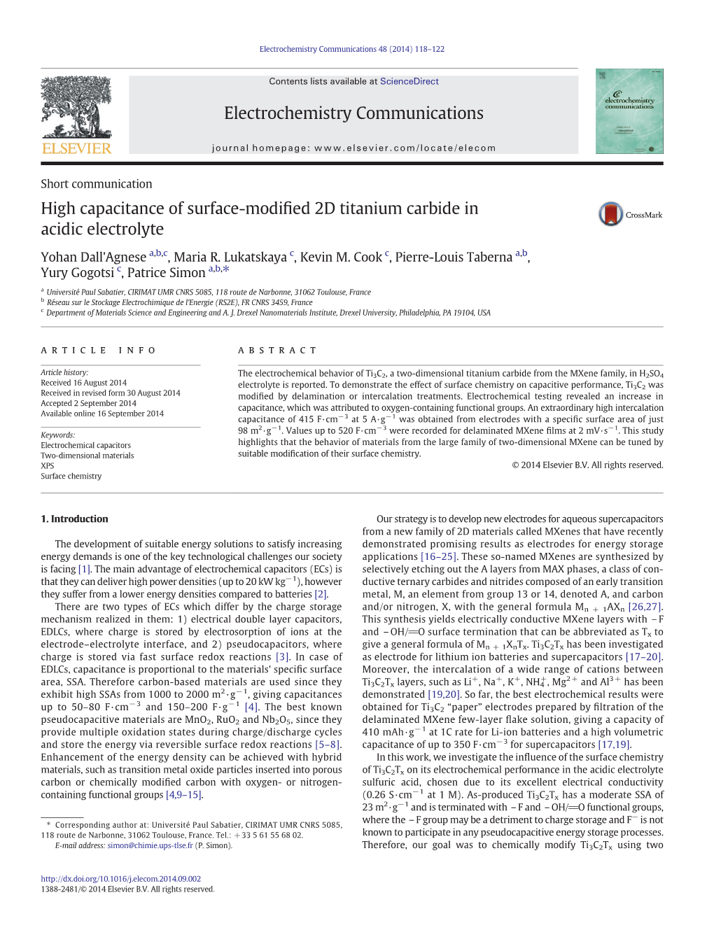 High Capacitance of Surface-Modified 2D Titanium Carbide in Acidic