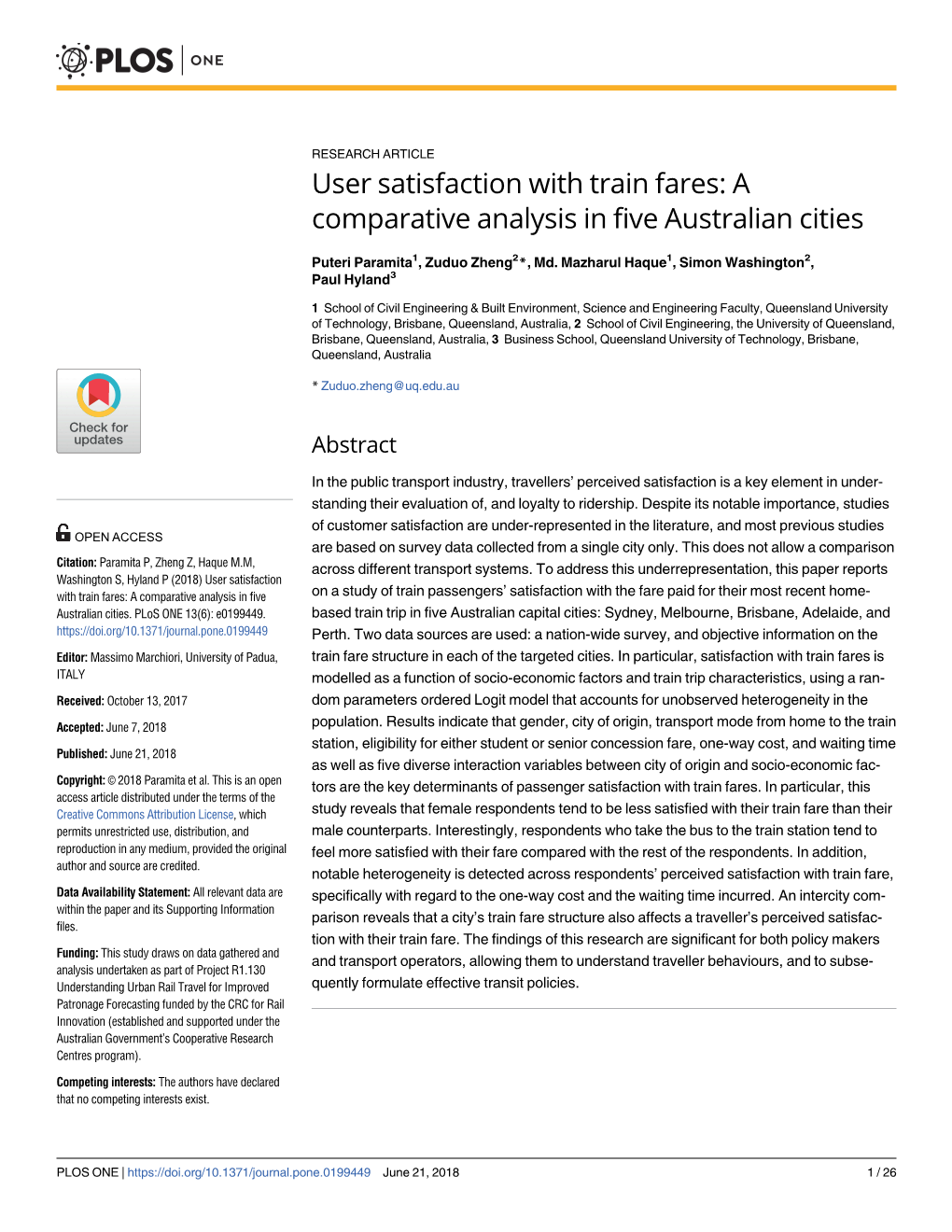 User Satisfaction with Train Fares: a Comparative Analysis in Five Australian Cities