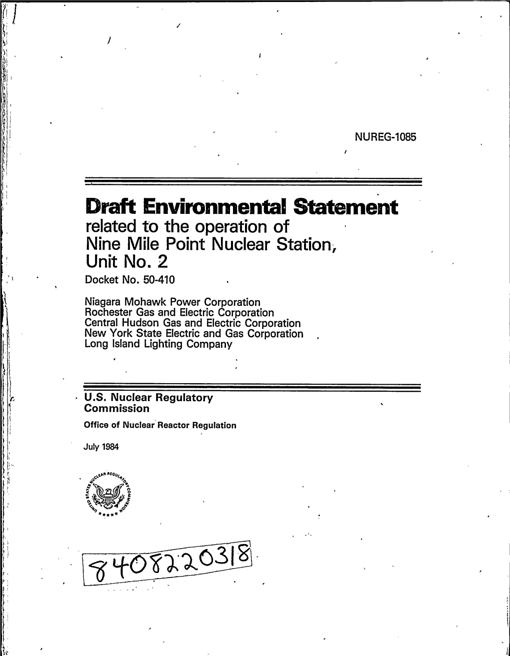 Draft Environmental Statement Related to the Operation of Nine Mile Point Nuclear Station, Unit No