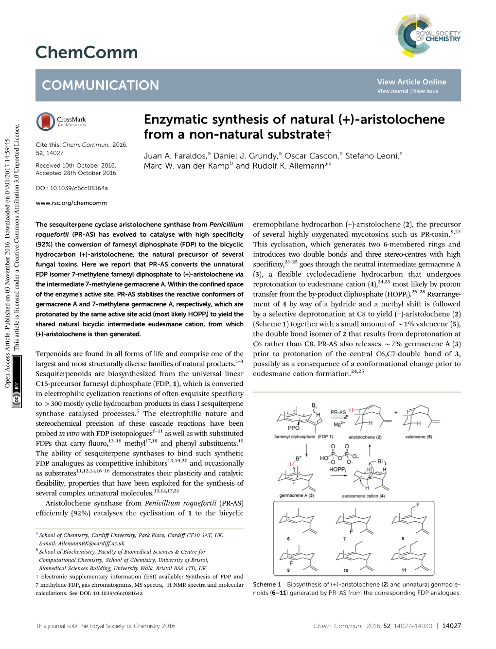 Enzymatic Synthesis of Natural (+)-Aristolochene from a Non-Natural Substrate† Cite This: Chem