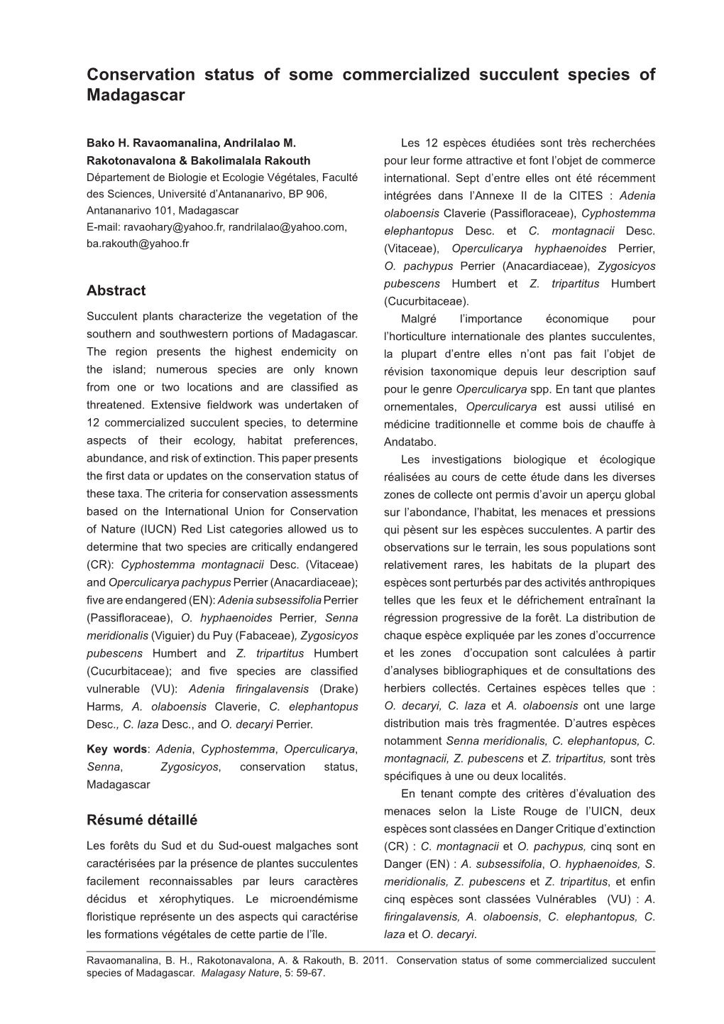 Conservation Status of Some Commercialized Succulent Species of Madagascar