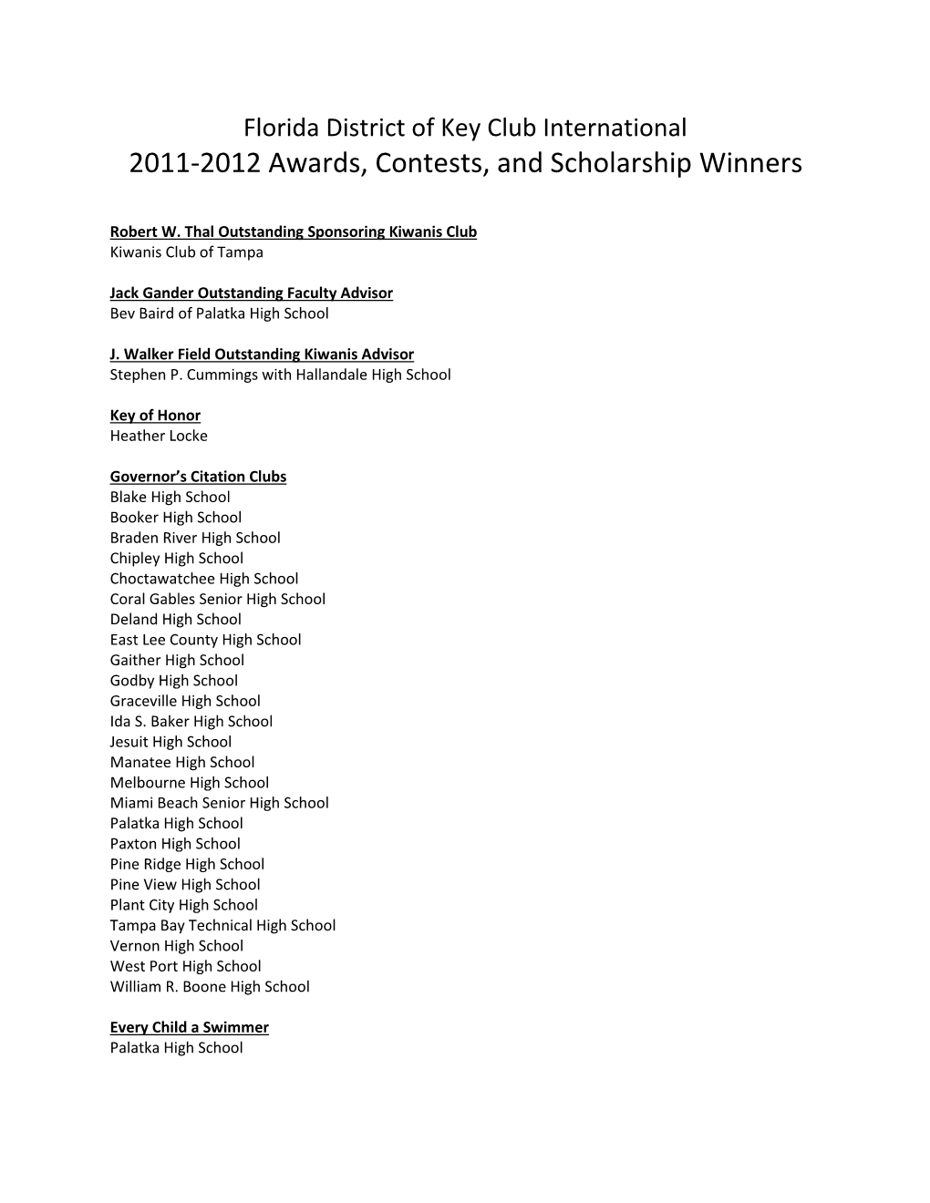 2011-2012 Awards, Contests, and Scholarship Winners