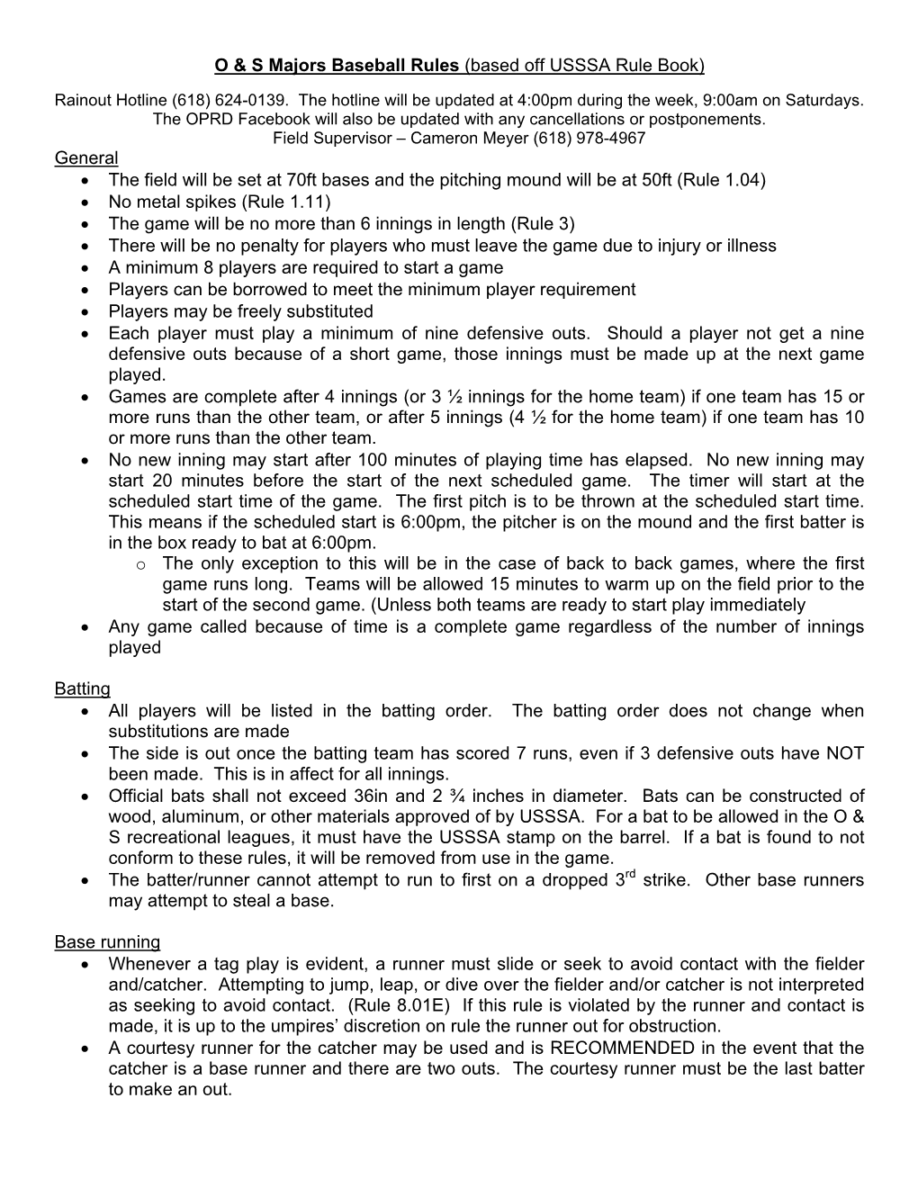 O & S Majors Baseball Rules (Based Off USSSA Rule Book)