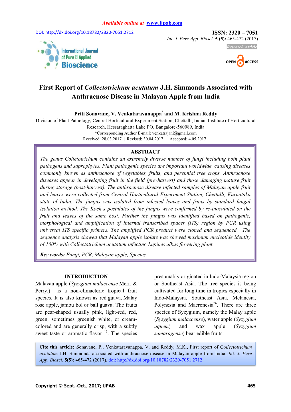 First Report of Collectotrichum Acutatum J.H. Simmonds Associated with Anthracnose Disease in Malayan Apple from India