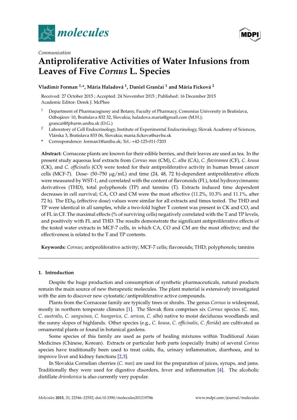 Antiproliferative Activities of Water Infusions from Leaves of Five Cornus L