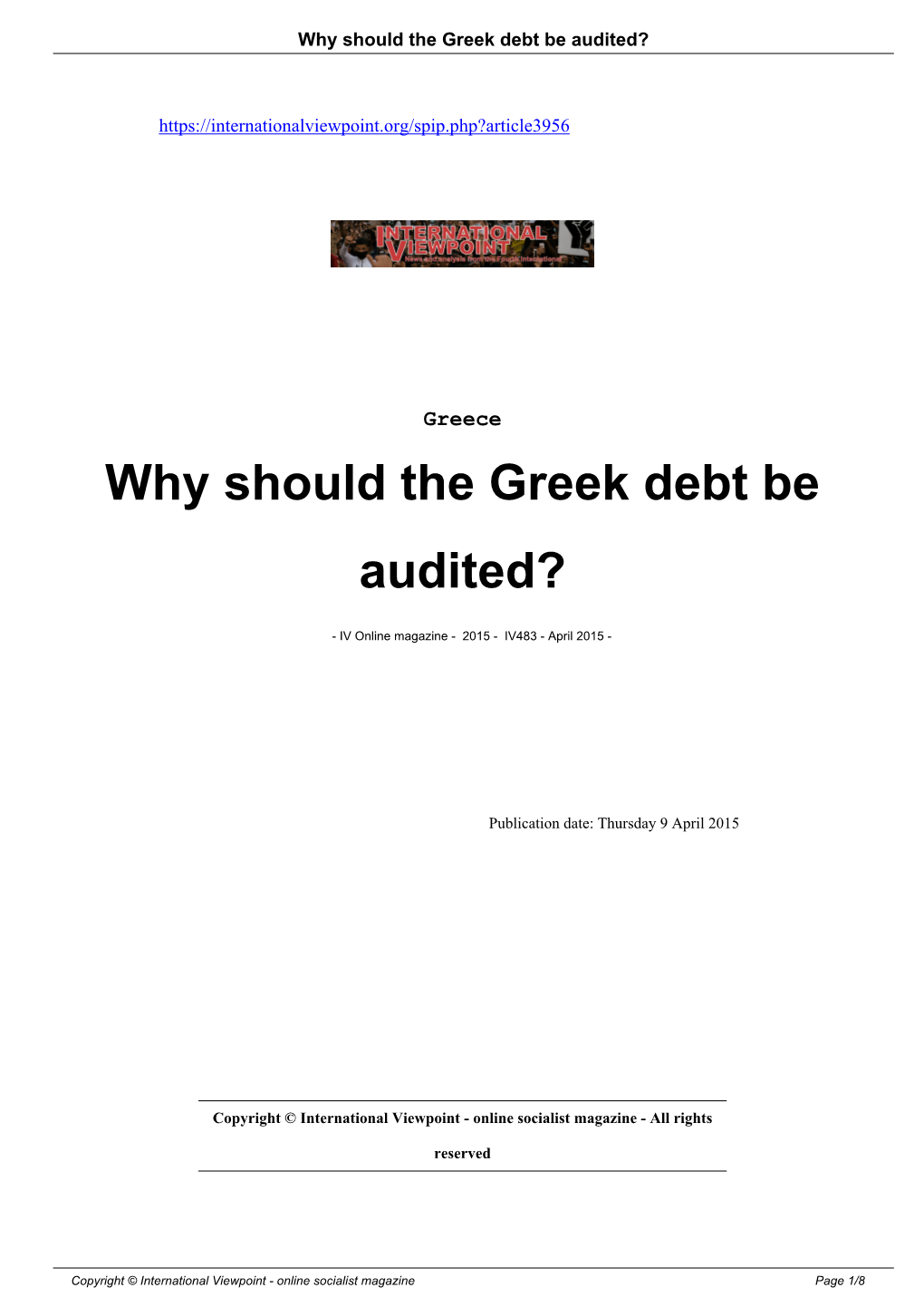 Why Should the Greek Debt Be Audited?