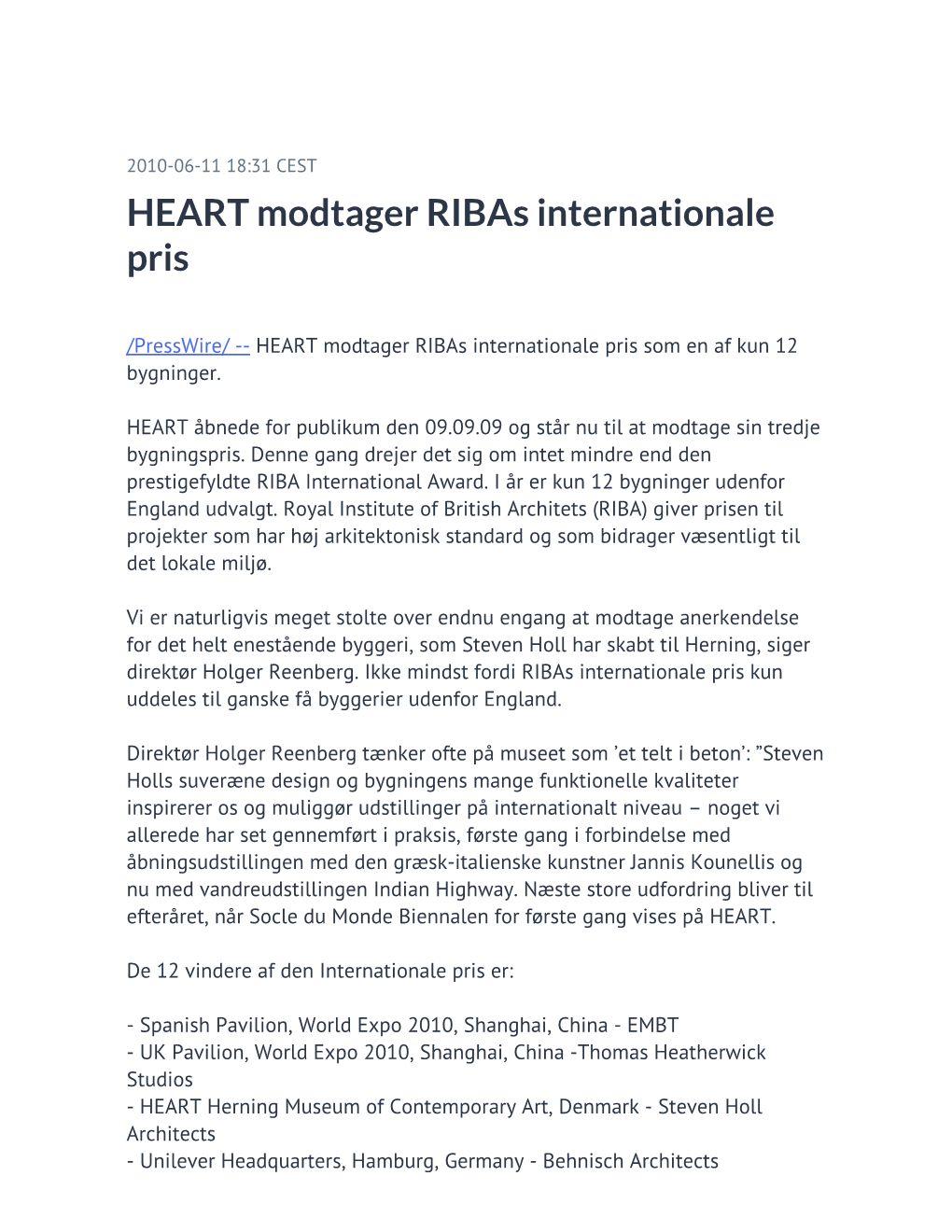 HEART Modtager Ribas Internationale Pris