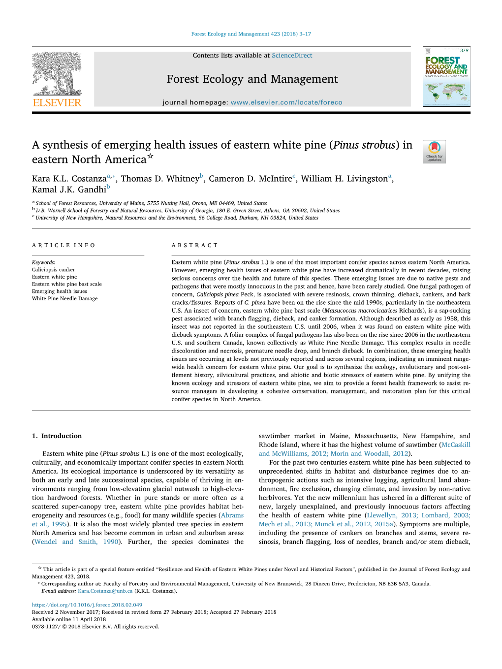 A Synthesis of Emerging Health Issues of Eastern White Pine (Pinus Strobus)In ☆ T Eastern North America ⁎ Kara K.L