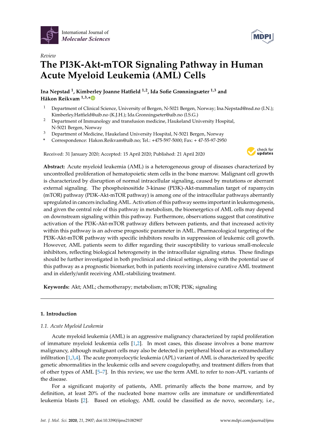 The PI3K-Akt-Mtor Signaling Pathway in Human Acute Myeloid Leukemia (AML) Cells