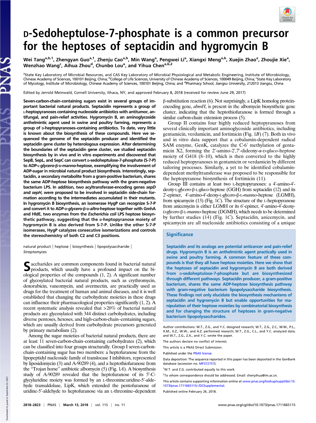 D-Sedoheptulose-7-Phosphate Is a Common Precursor for the Heptoses of Septacidin and Hygromycin B