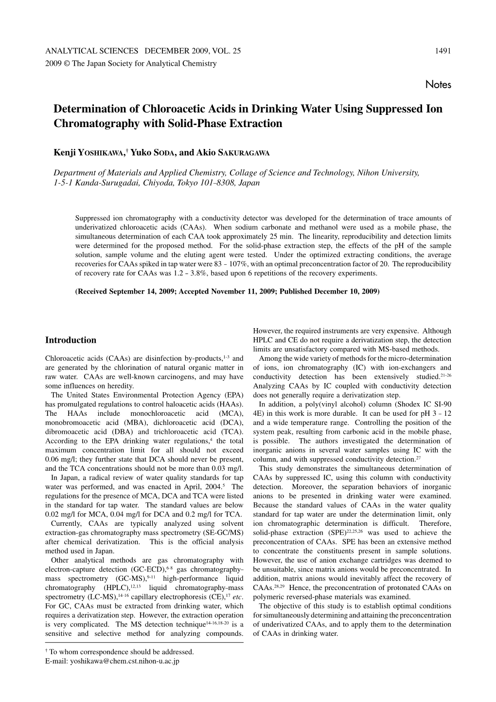 Determination of Chloroacetic Acids in Drinking Water Using Suppressed Ion Chromatography with Solid-Phase Extraction