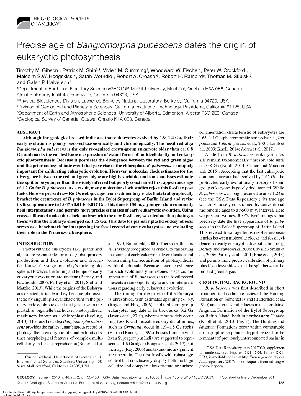 Precise Age of Bangiomorpha Pubescens