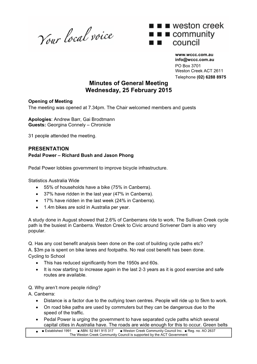 Minutes of General Meeting Wednesday, 25 February 2015
