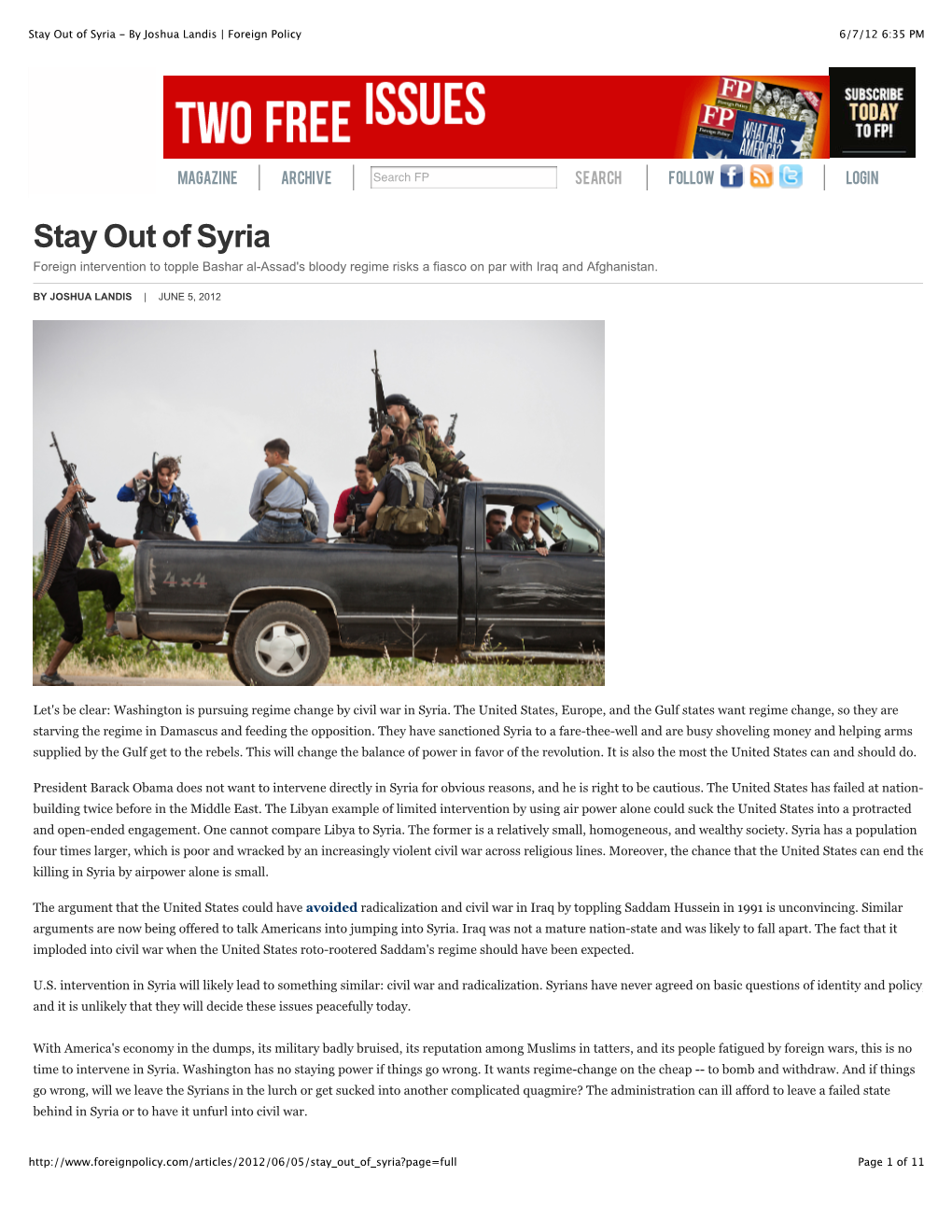 Stay out of Syria - by Joshua Landis | Foreign Policy 6/7/12 6:35 PM