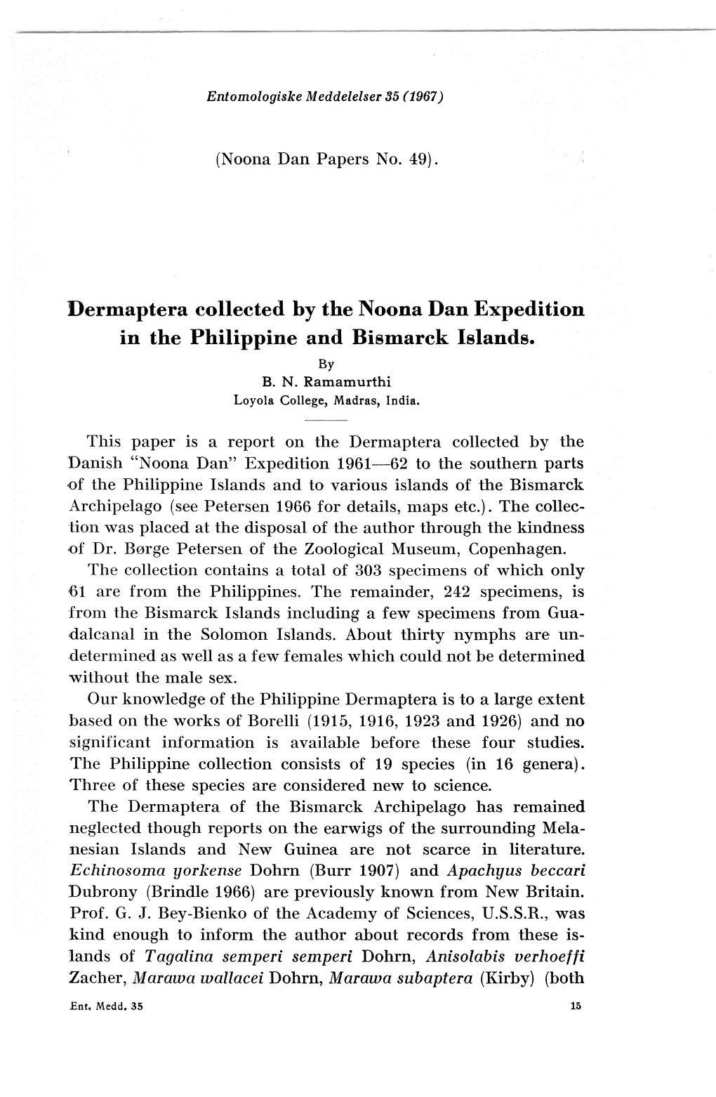 Dermaptera Collected by the Noona Dan Expedition in the Philippine and Bismarck Islands. by B