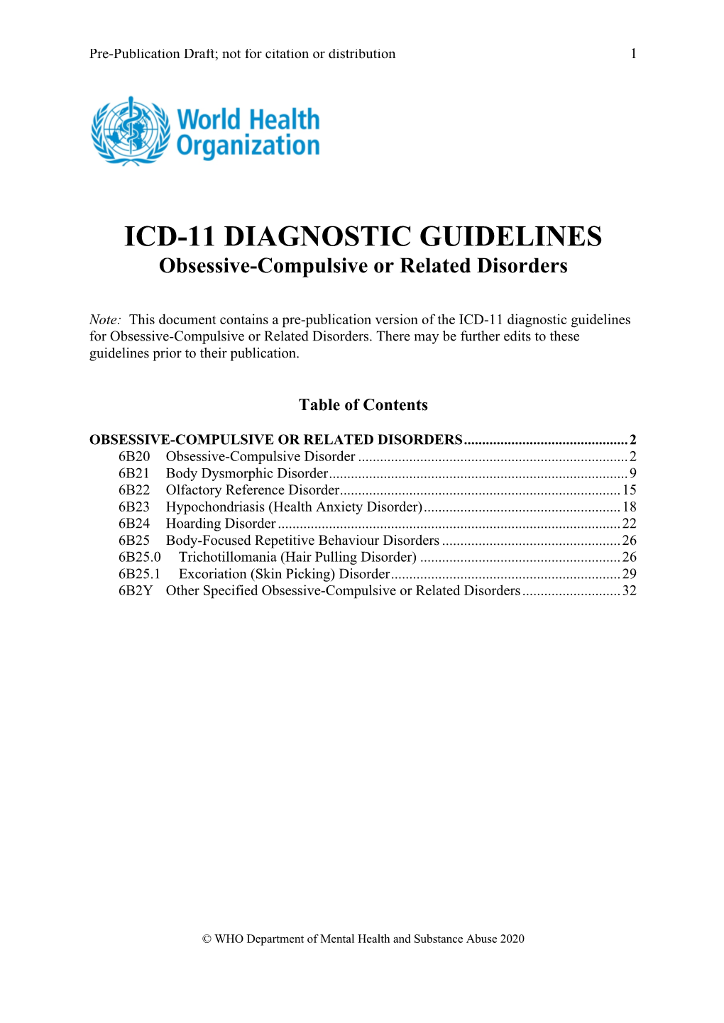 ICD-11 DIAGNOSTIC GUIDELINES Obsessive-Compulsive Or Related Disorders