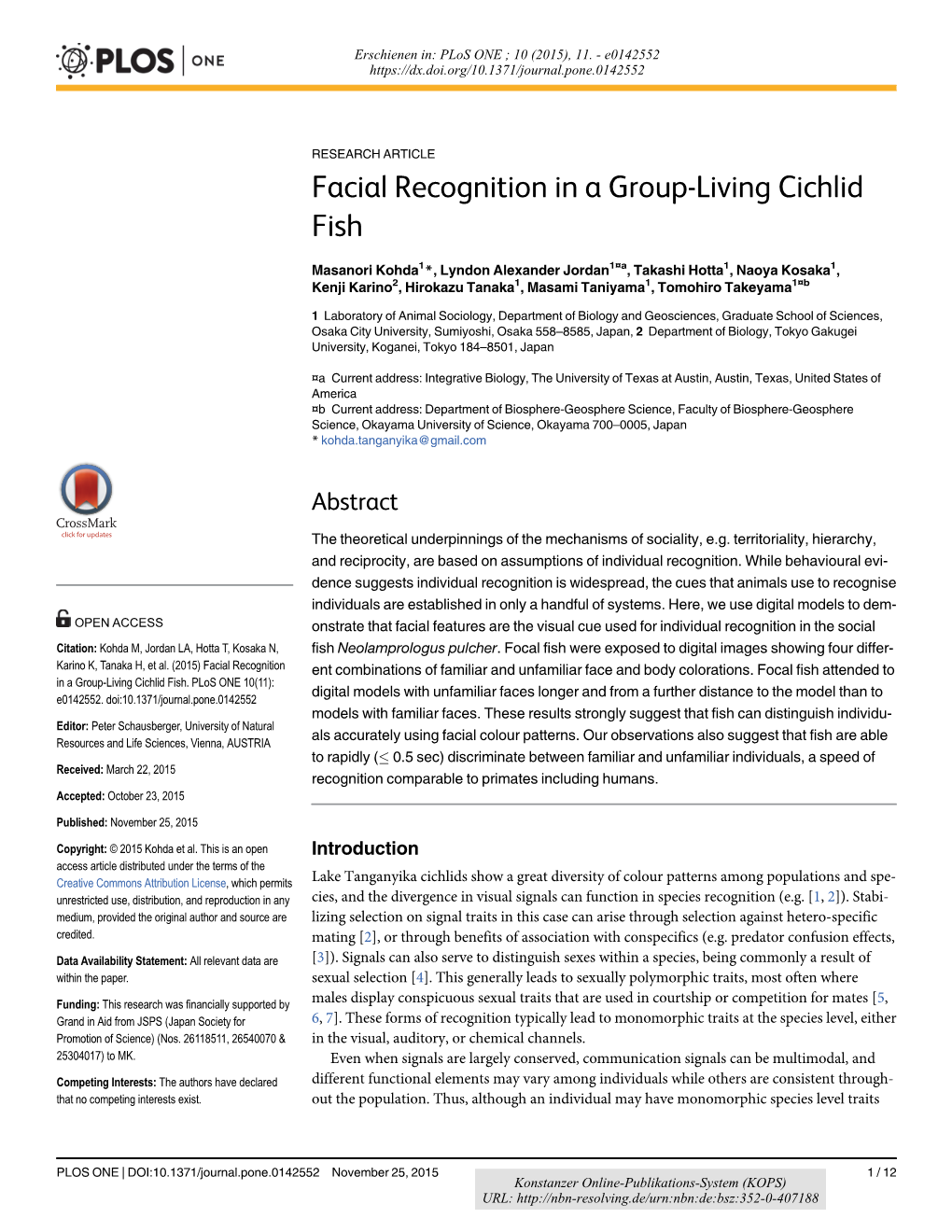 Facial Recognition in a Group-Living Cichlid Fish