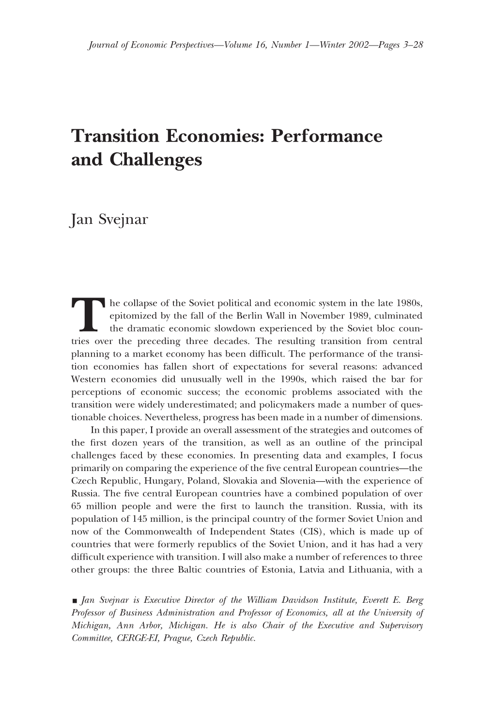 Transition Economies: Performance and Challenges