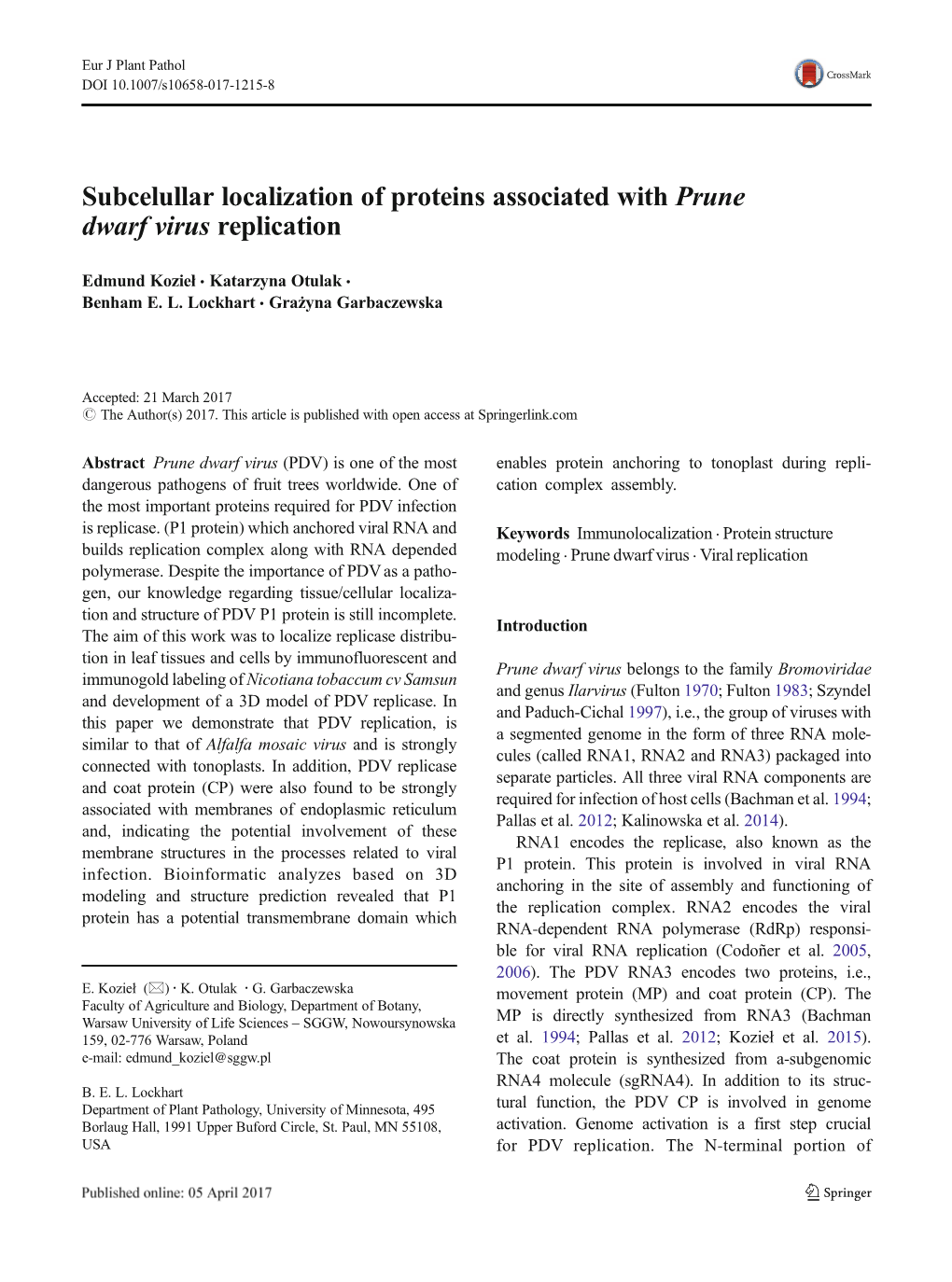 Subcelullar Localization of Proteins Associated with Prune Dwarf Virus Replication