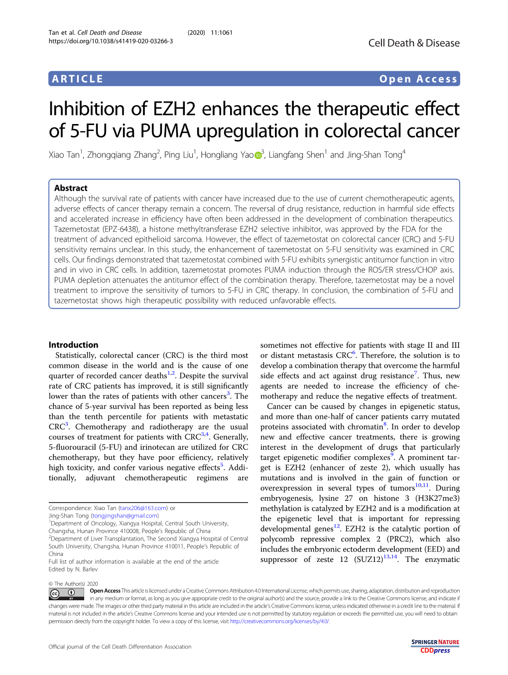 Inhibition of EZH2 Enhances the Therapeutic Effect of 5-FU Via PUMA