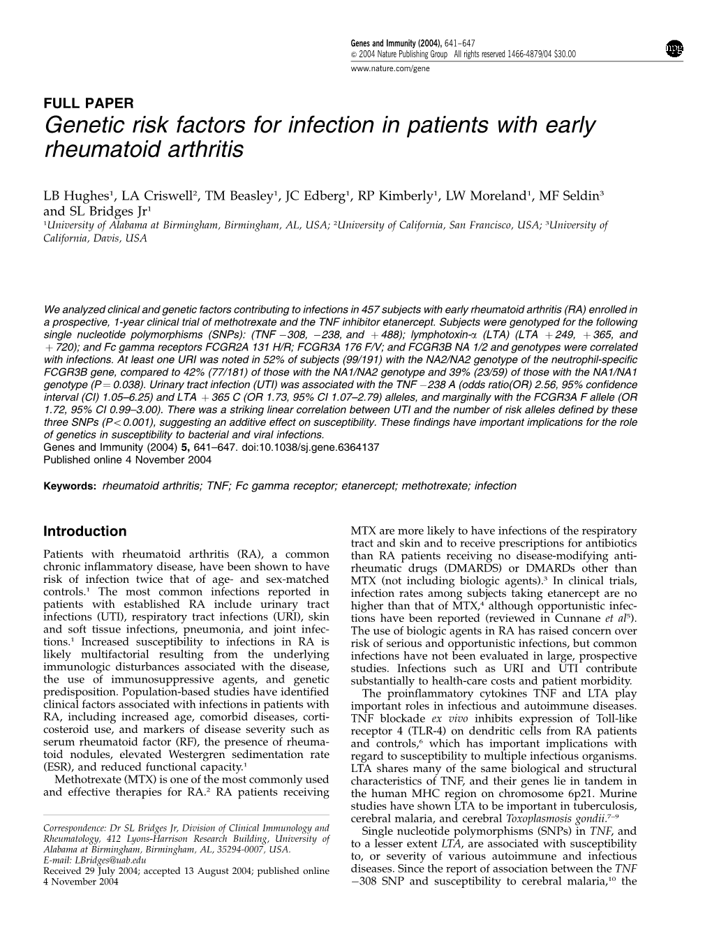 Genetic Risk Factors for Infection in Patients with Early Rheumatoid Arthritis