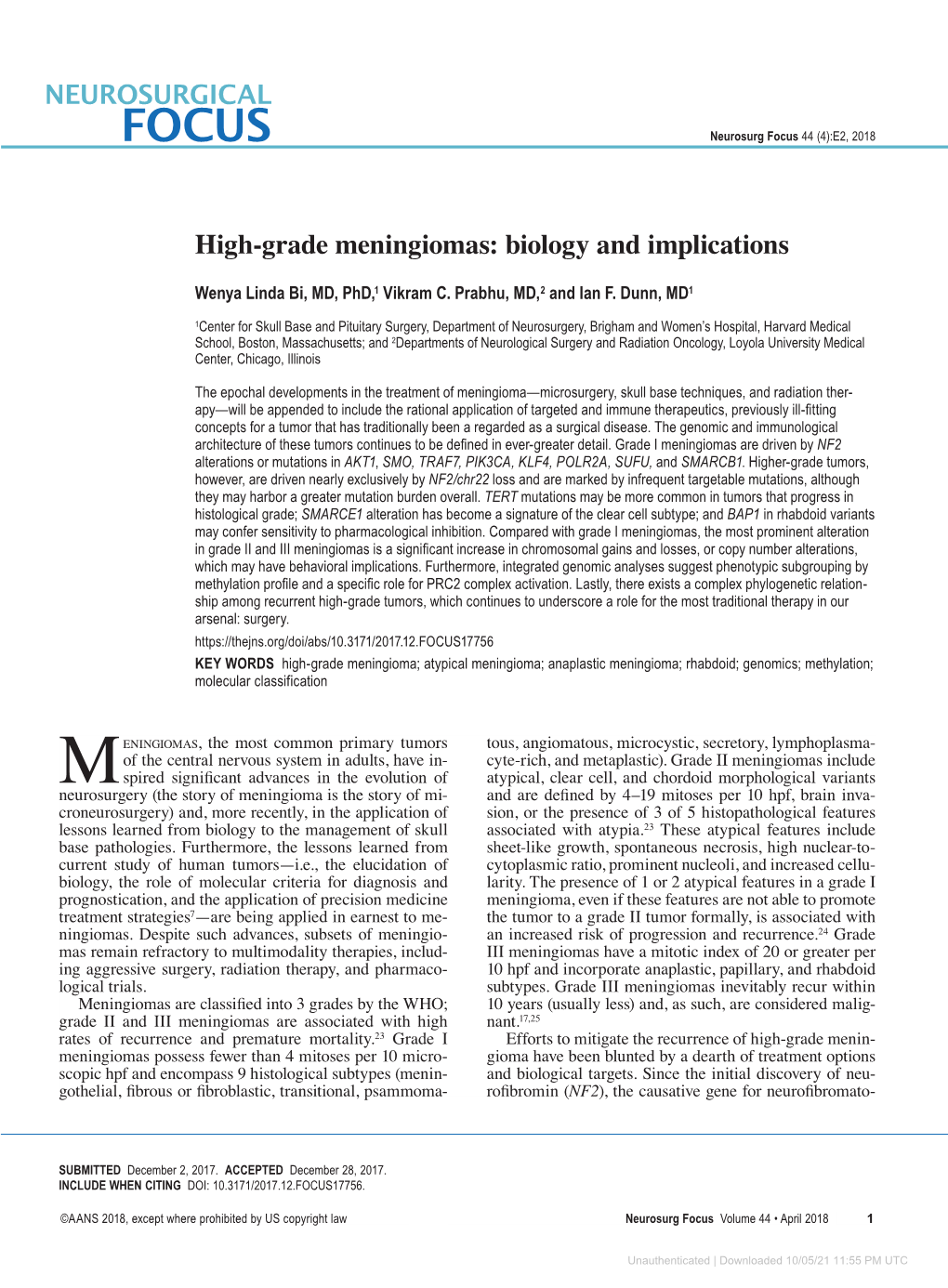 High-Grade Meningiomas: Biology and Implications