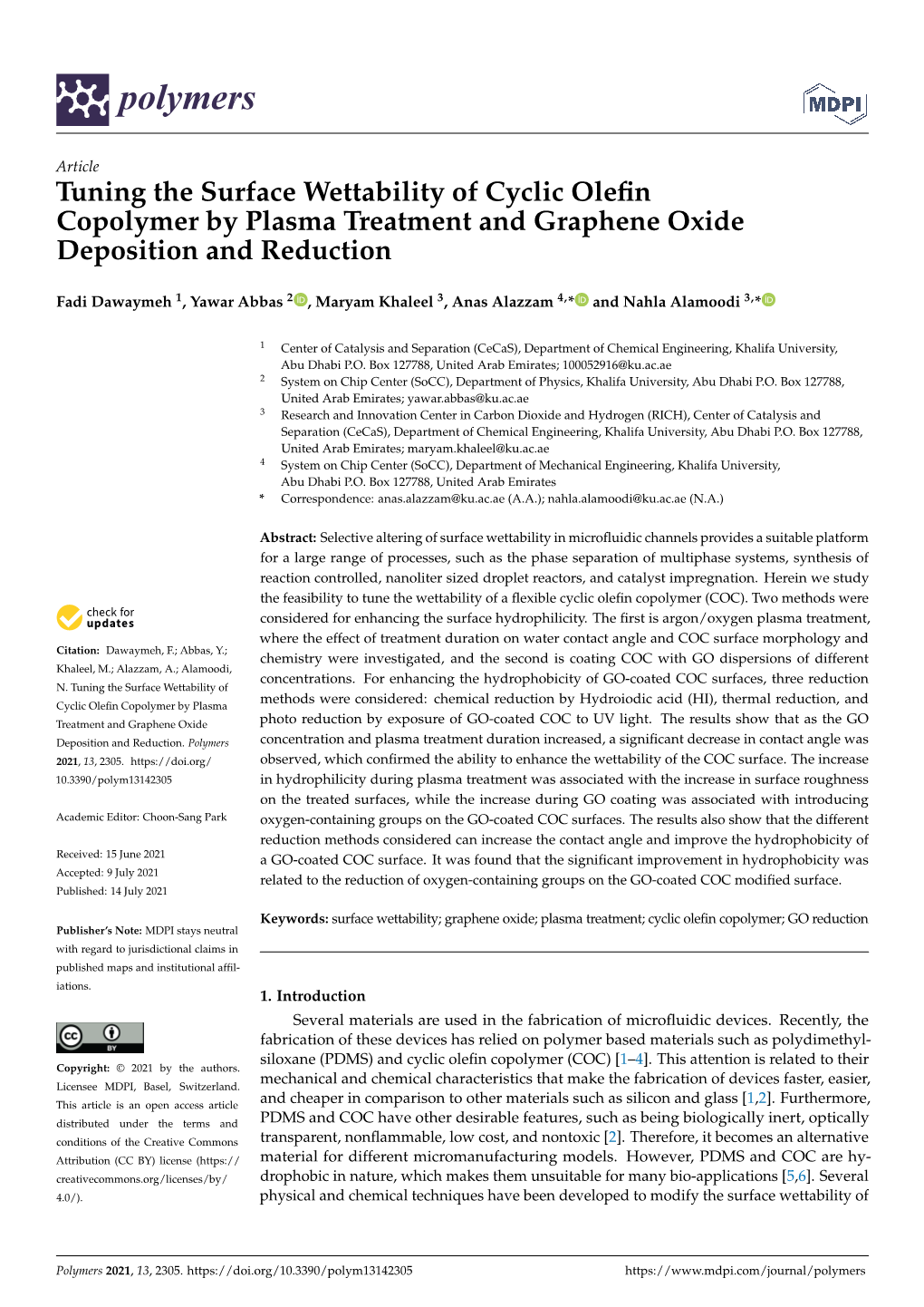 Tuning the Surface Wettability of Cyclic Olefin Copolymer by Plasma