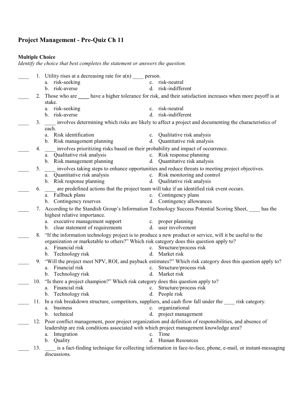 Project Management - Pre-Quiz Ch 11