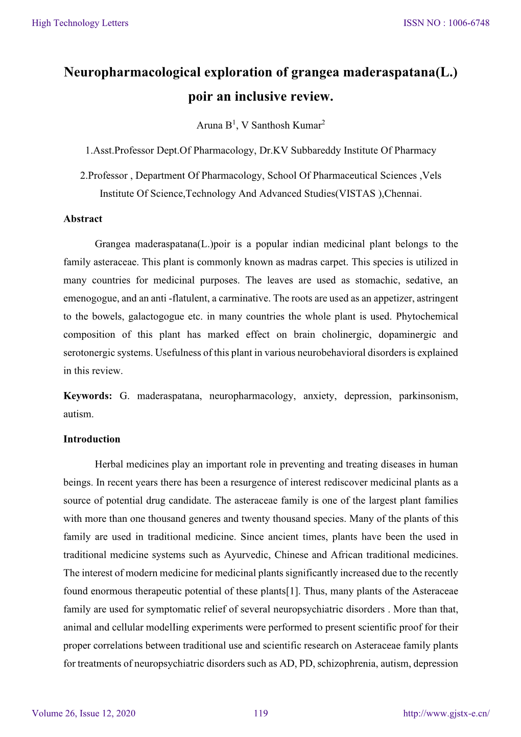 Neuropharmacological Exploration of Grangea Maderaspatana(L.) Poir an Inclusive Review