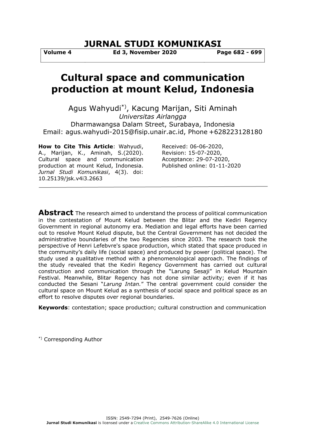 Cultural Space and Communication Production at Mount Kelud, Indonesia