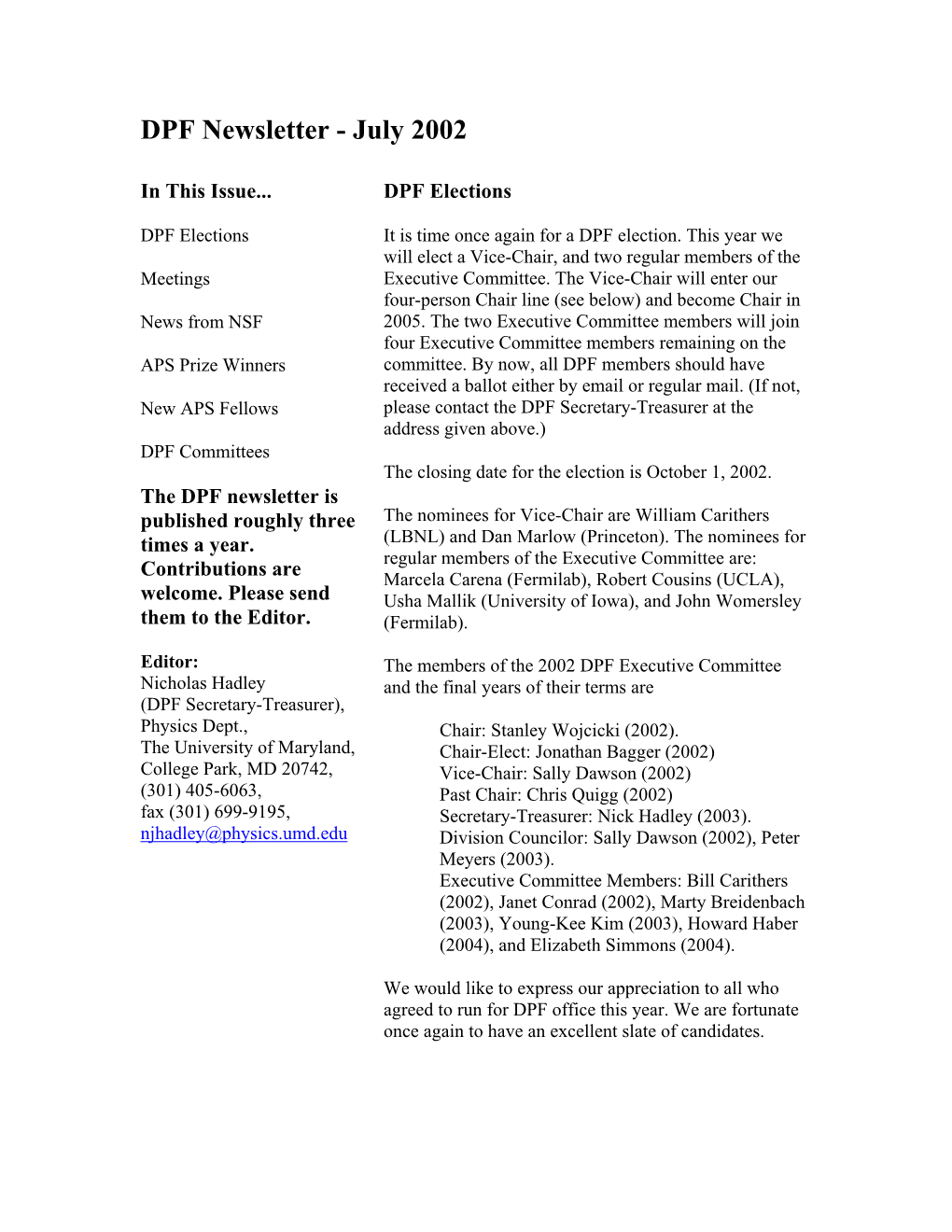 DPF Newsletter - July 2002