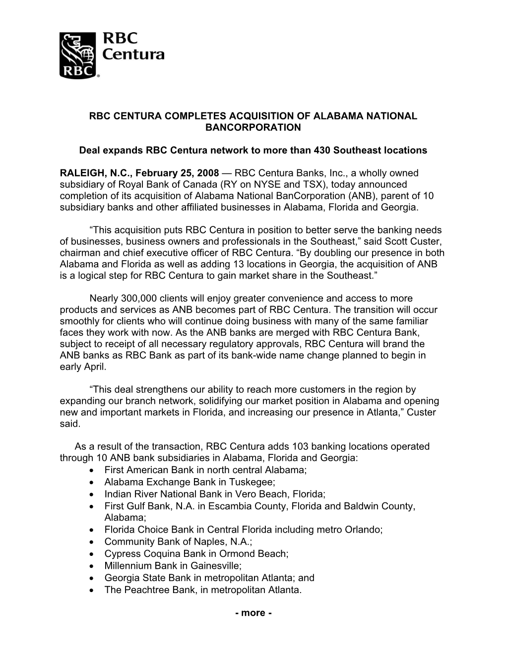 Rbc Centura Completes Acquisition of Alabama National Bancorporation
