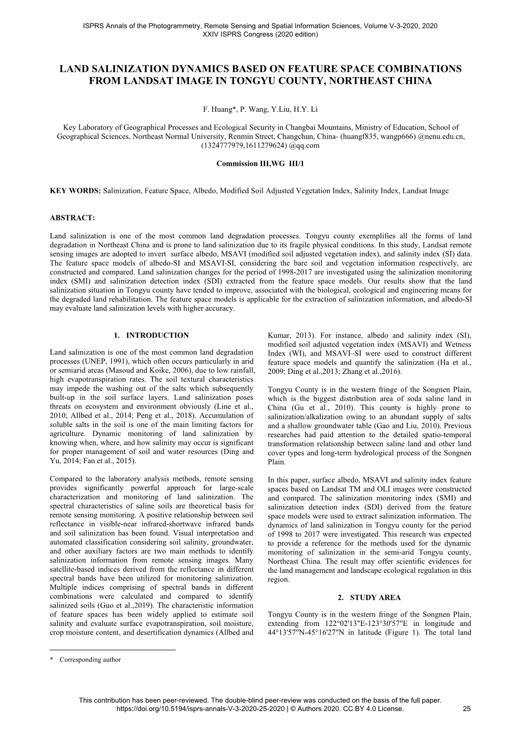 Land Salinization Dynamics Based on Feature Space Combinations from Landsat Image in Tongyu County, Northeast China