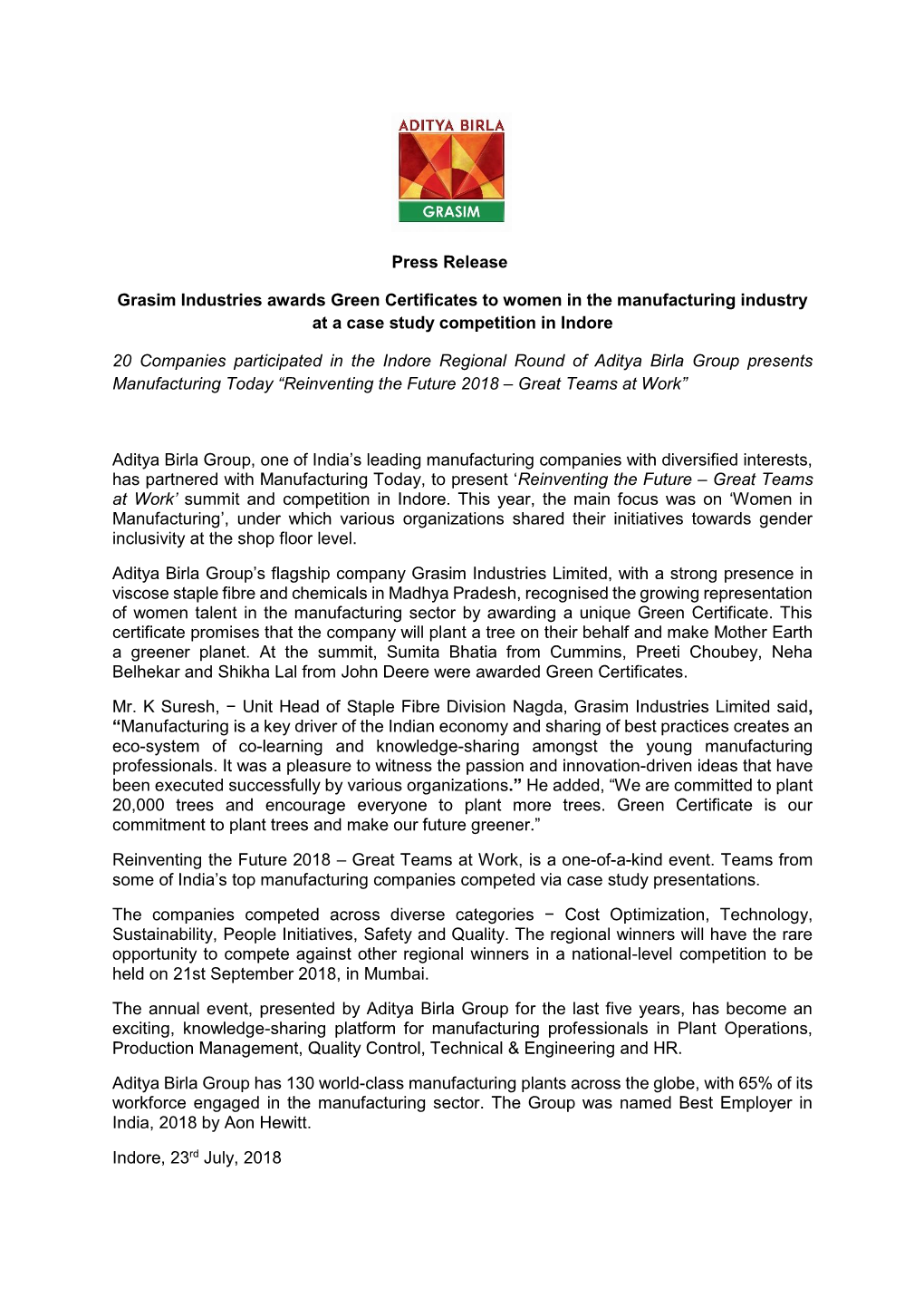 Press Release Grasim Industries Awards Green Certificates To