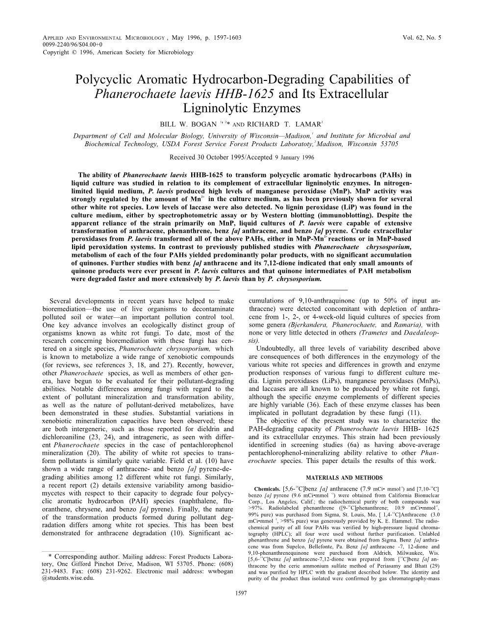 Polycyclic Aromatic Hydrocarbon-Degrading Capabilities of Phanerochaete Laevis HHB-1625 and Its Extracellular Ligninolytic Enzymes